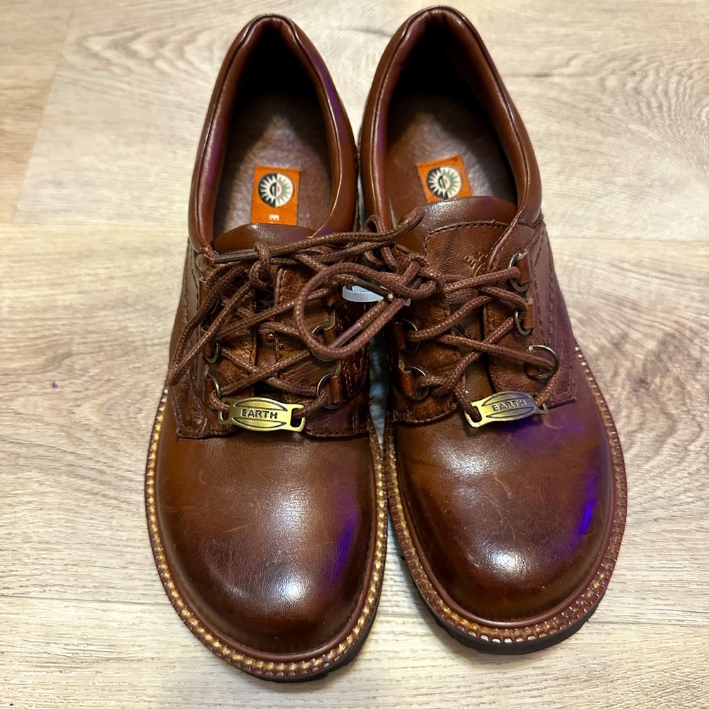 Earth Shoe Jenna Brown Leather Oxford Wooden Clog Heel Lace up Women's 6.5
